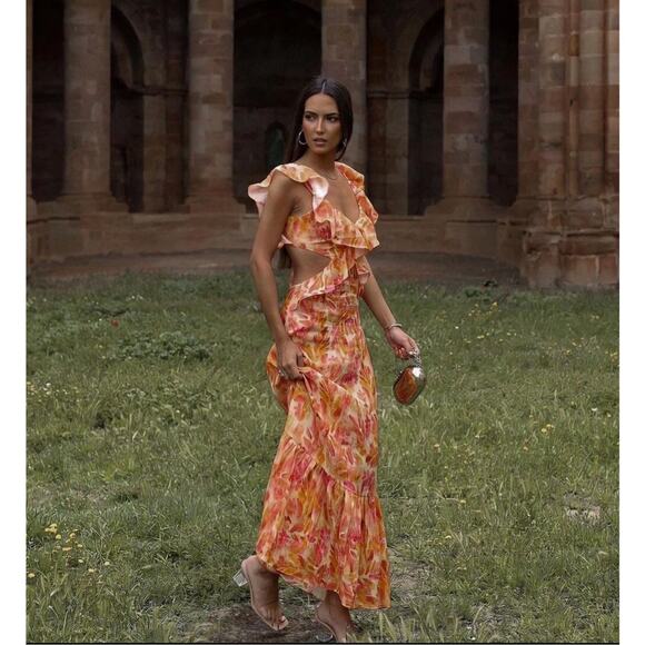 NWT! Zara Linen Floral Ruffled Midi V-Neck Dress - Blogger Favorite - Size XL - Picture 2 of 16